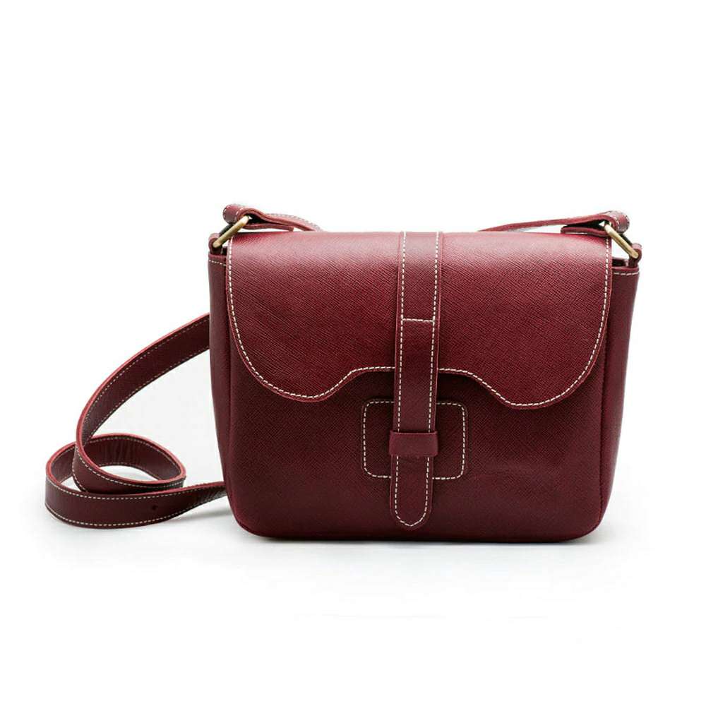 Burgundy Textured Saddle Crossbody Bag with Contrast Stitching